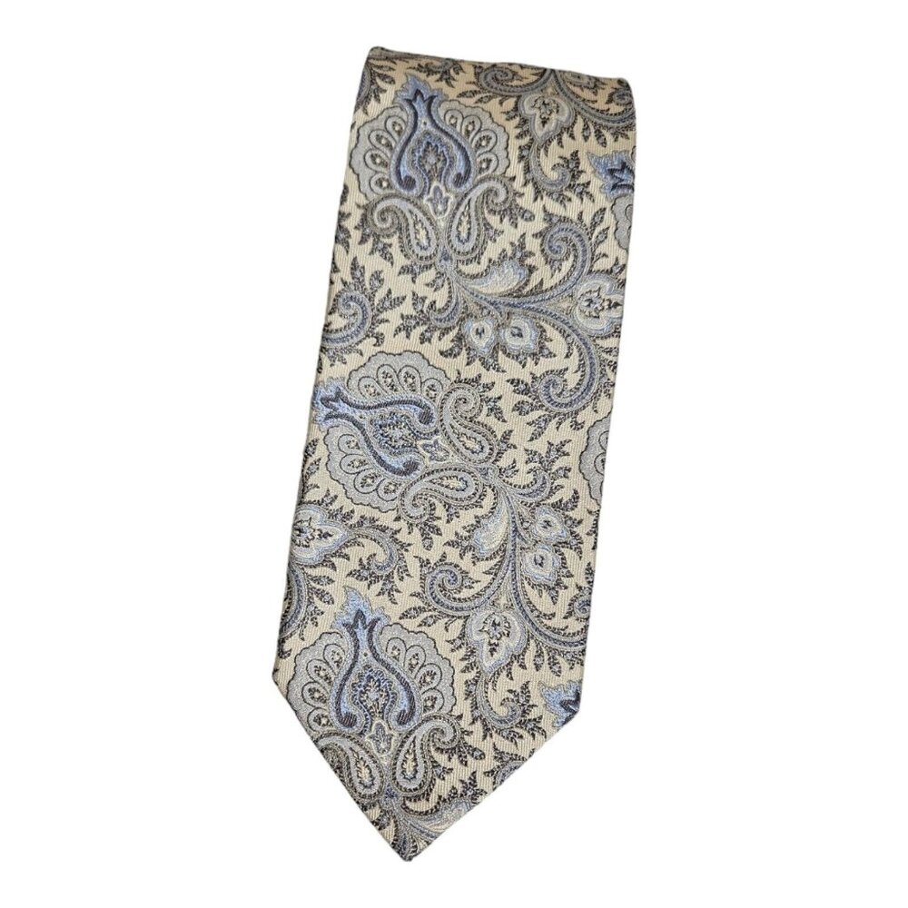 GLADSON Men's 100% Silk Necktie LUXURY Tie Gray Ivory Paisley W:3.6" EUC